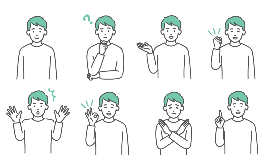 若い男性の表情・ポーズイラストセット（上半身・8種類）