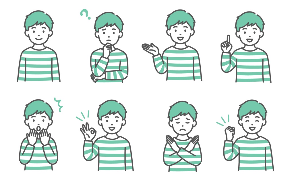 男の子（子ども）の表情・ポーズイラストセット（上半身・8種類）