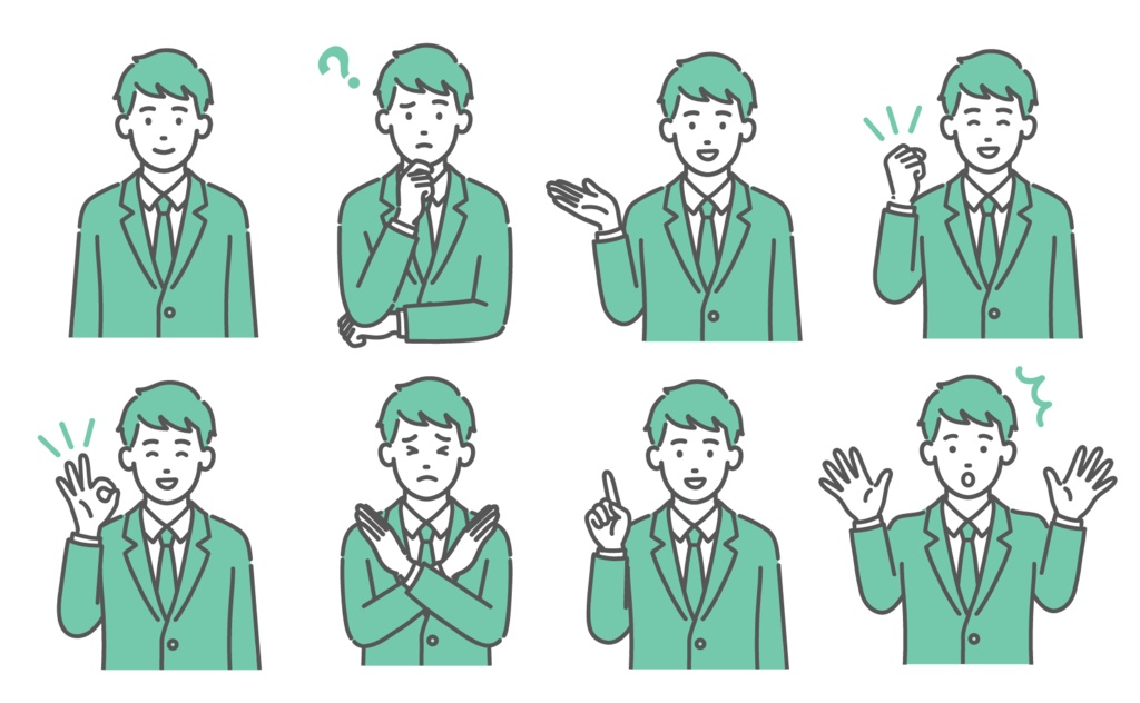 10代男性(男子学生)の表情・ポーズイラストセット(上半身・8種類)