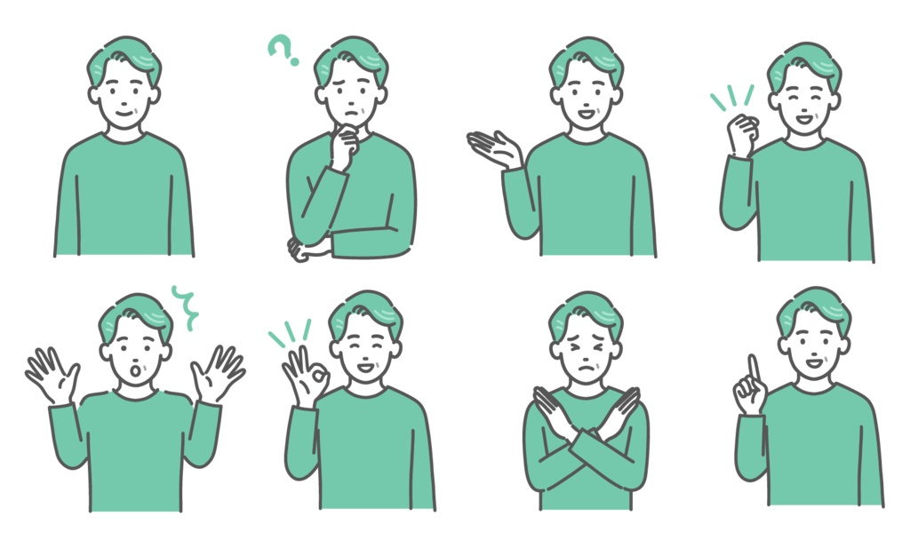 ミドル世代の男性の表情・ポーズ8点セットのイラスト
