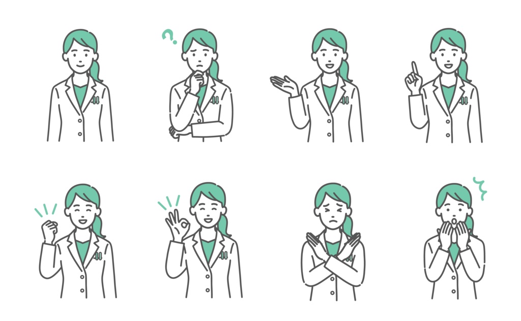 女性医師・薬剤師の表情・ポーズ8点セット(笑顔・疑問・案内・NGなど)