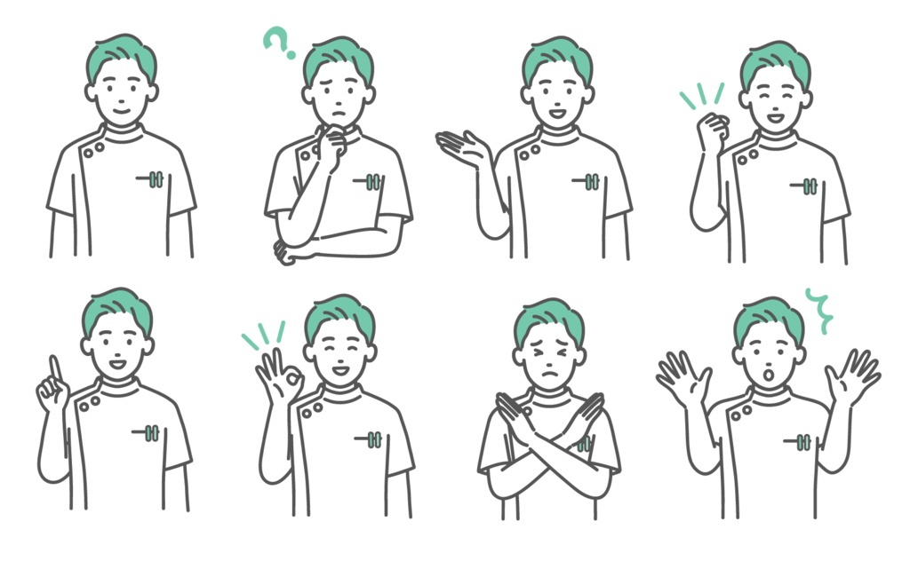 ケーシー白衣の男性看護師・医療従事者の表情・ポーズイラストセット（上半身・8種類）