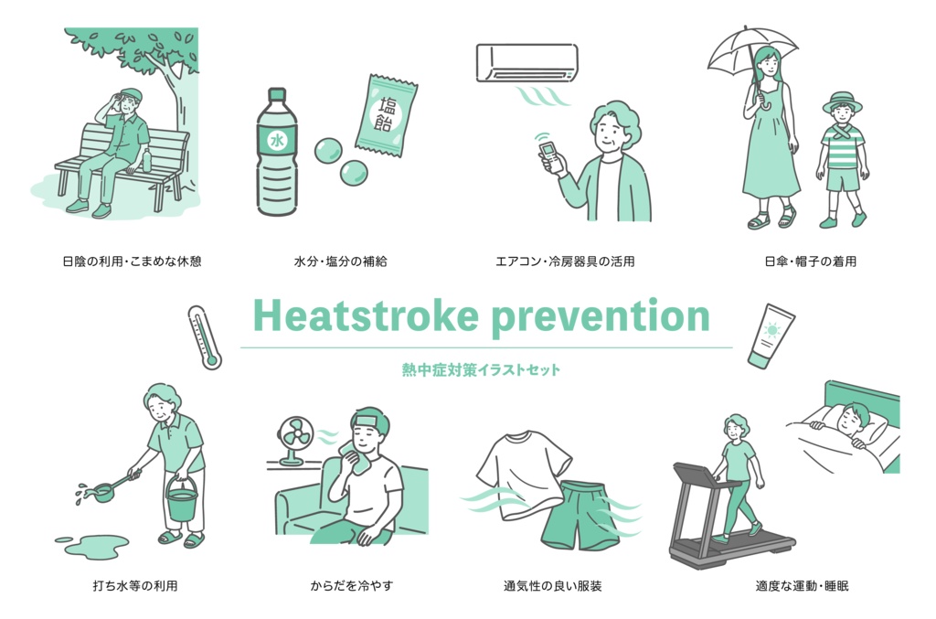 熱中症予防の8つのポイント（水分補給・エアコン・日差し対策など）をまとめたイラスト