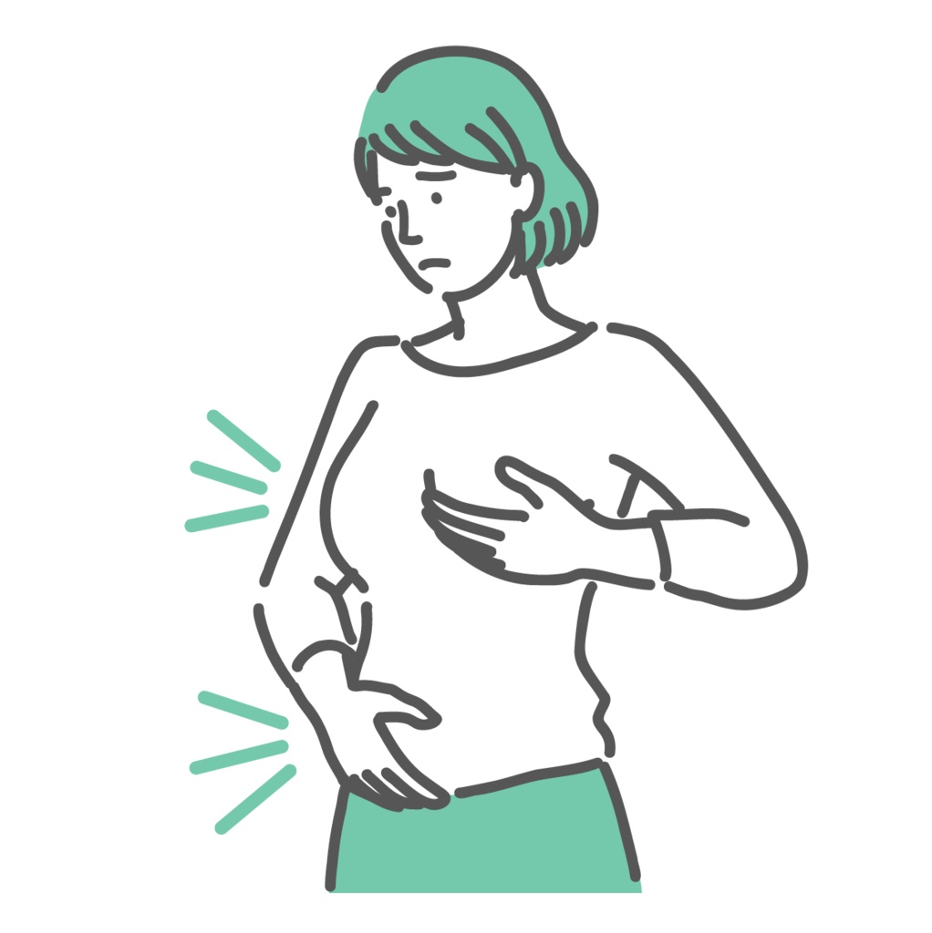 生理前や更年期で胸やお腹が張って苦しむ女性のイラスト