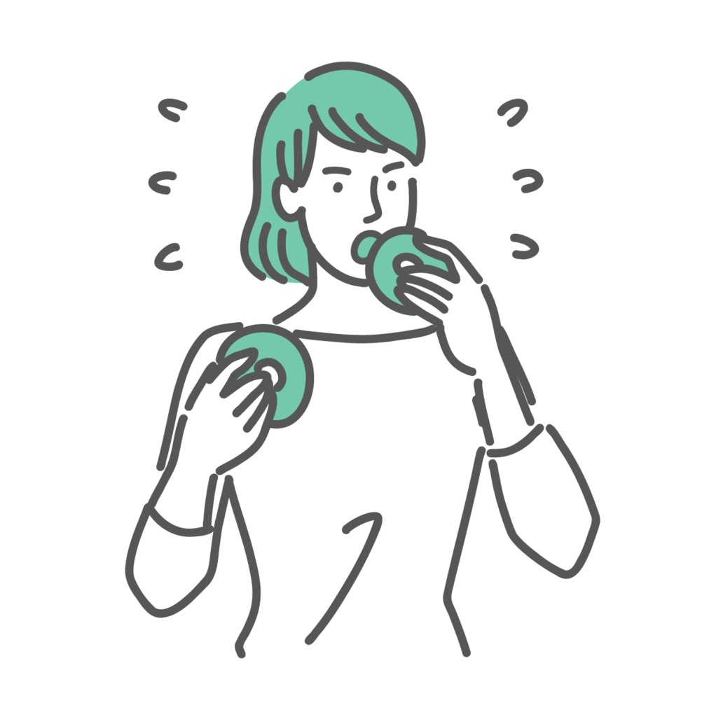 ストレスやPMSで甘いものを過食する女性のイラスト