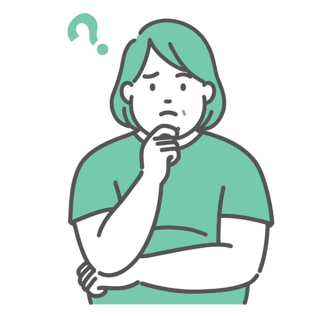 ぽっちゃりした中年女性が疑問に思っているイラスト(肥満体型・悩む)