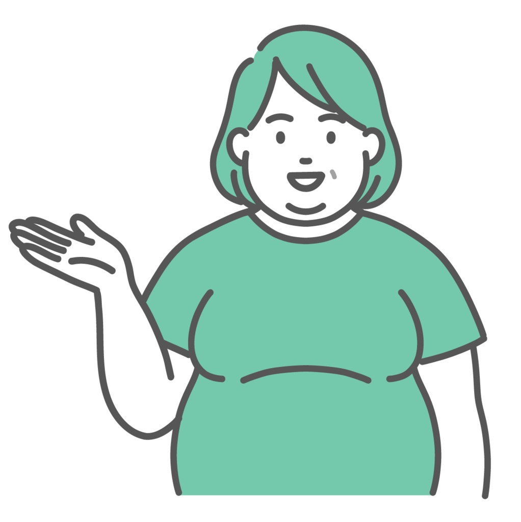 肥満体型の中年女性が笑顔で解説・案内しているイラスト