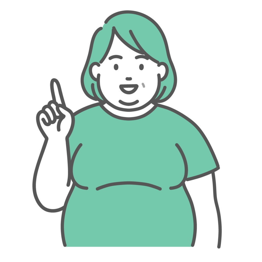 肥満体型の中年女性が人差し指を立てて提案しているイラスト（ポイント・ひらめき）