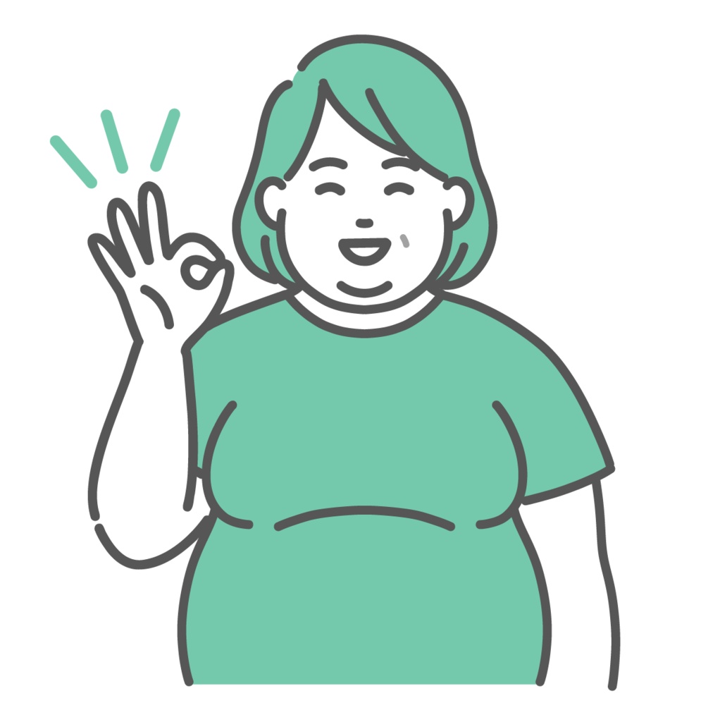 肥満体型の中年女性が笑顔でOKサインを出しているイラスト（賛成・納得）