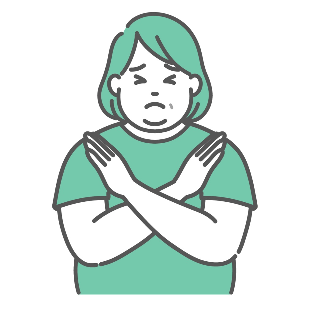 肥満体型の中年女性が腕でバツ印を作ってNGポーズをしているイラスト(禁止・拒否)
