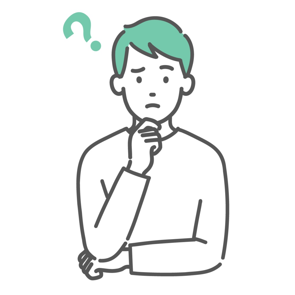 悩む・考える若い男性のイラスト（ハテナマーク・上半身）