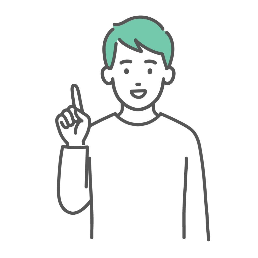 指差し・ポイントを解説する若い男性のイラスト(ひらめき・上半身)
