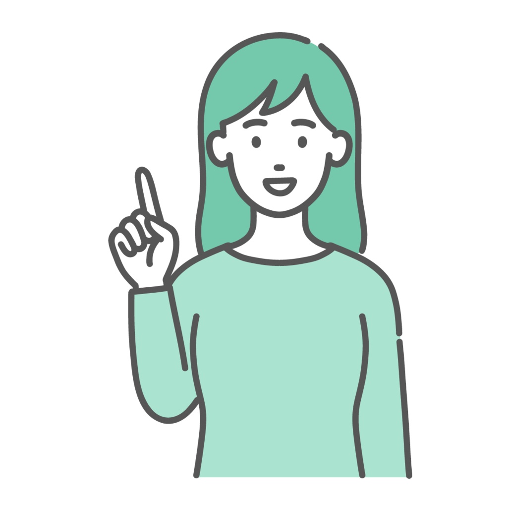 ポイントを説明する・指差しする若い女性のイラスト（人差し指を立てる・上半身）