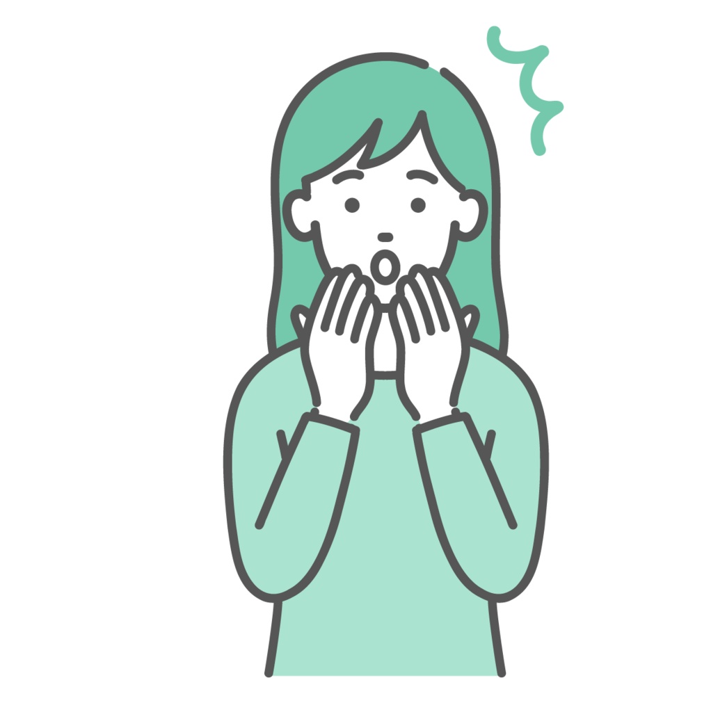 驚く・ショックを受ける若い女性のイラスト(両手を口に当てる・上半身)