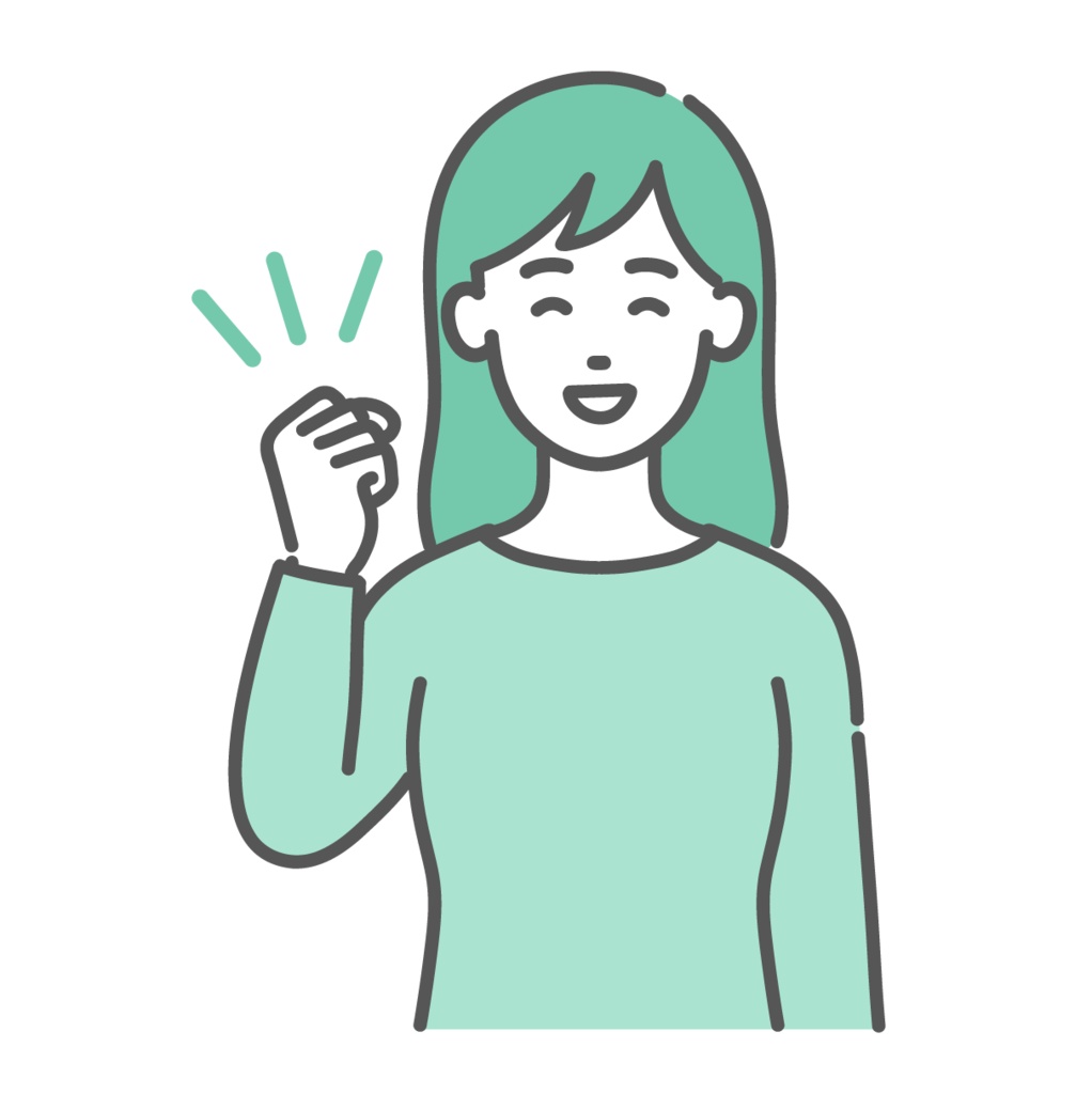 ガッツポーズをする・応援する若い女性のイラスト（笑顔・上半身）