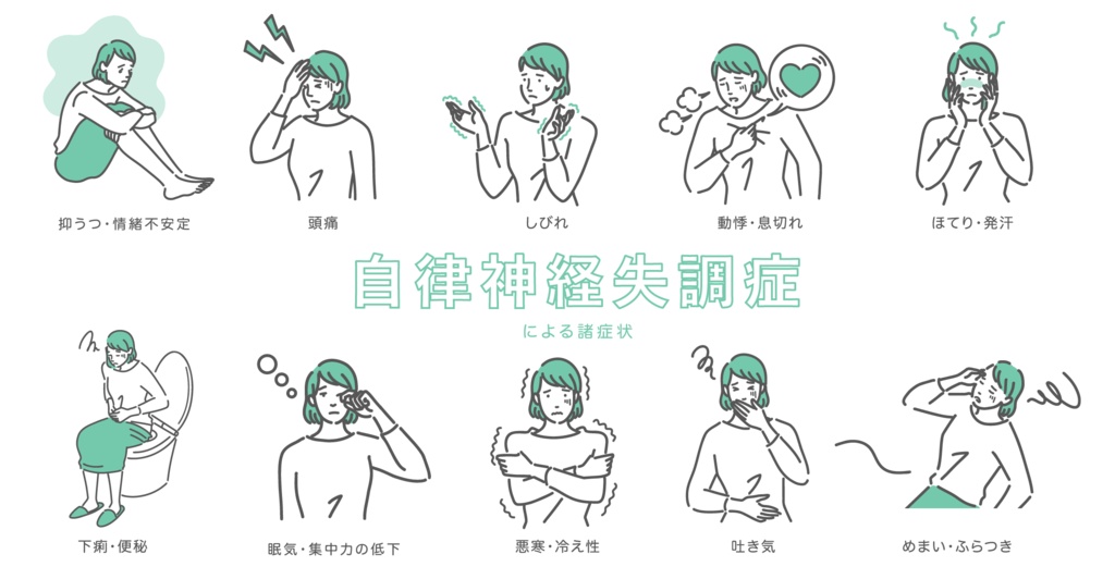 【16点セット】自律神経失調症の症状と自律神経を整える生活習慣のイラストセット(女性)