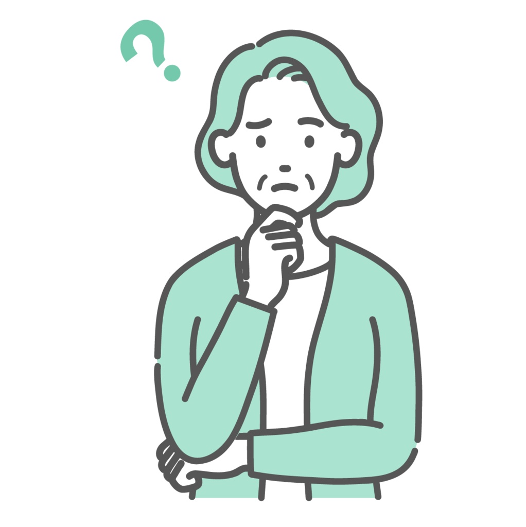 疑問を持つ・悩む高齢女性のイラスト（はてなマーク・上半身）
