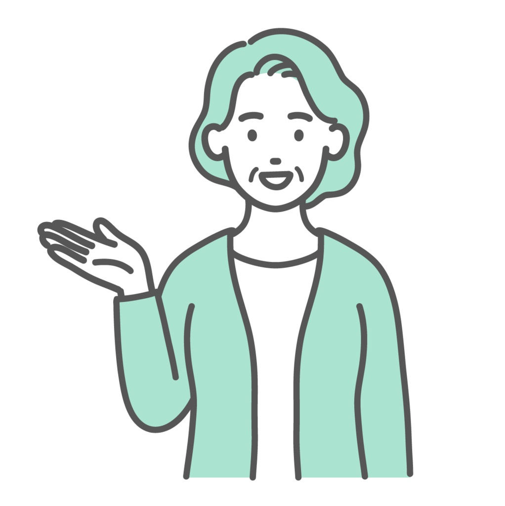案内・紹介をする高齢女性のイラスト(手のひらを上に向ける・上半身)