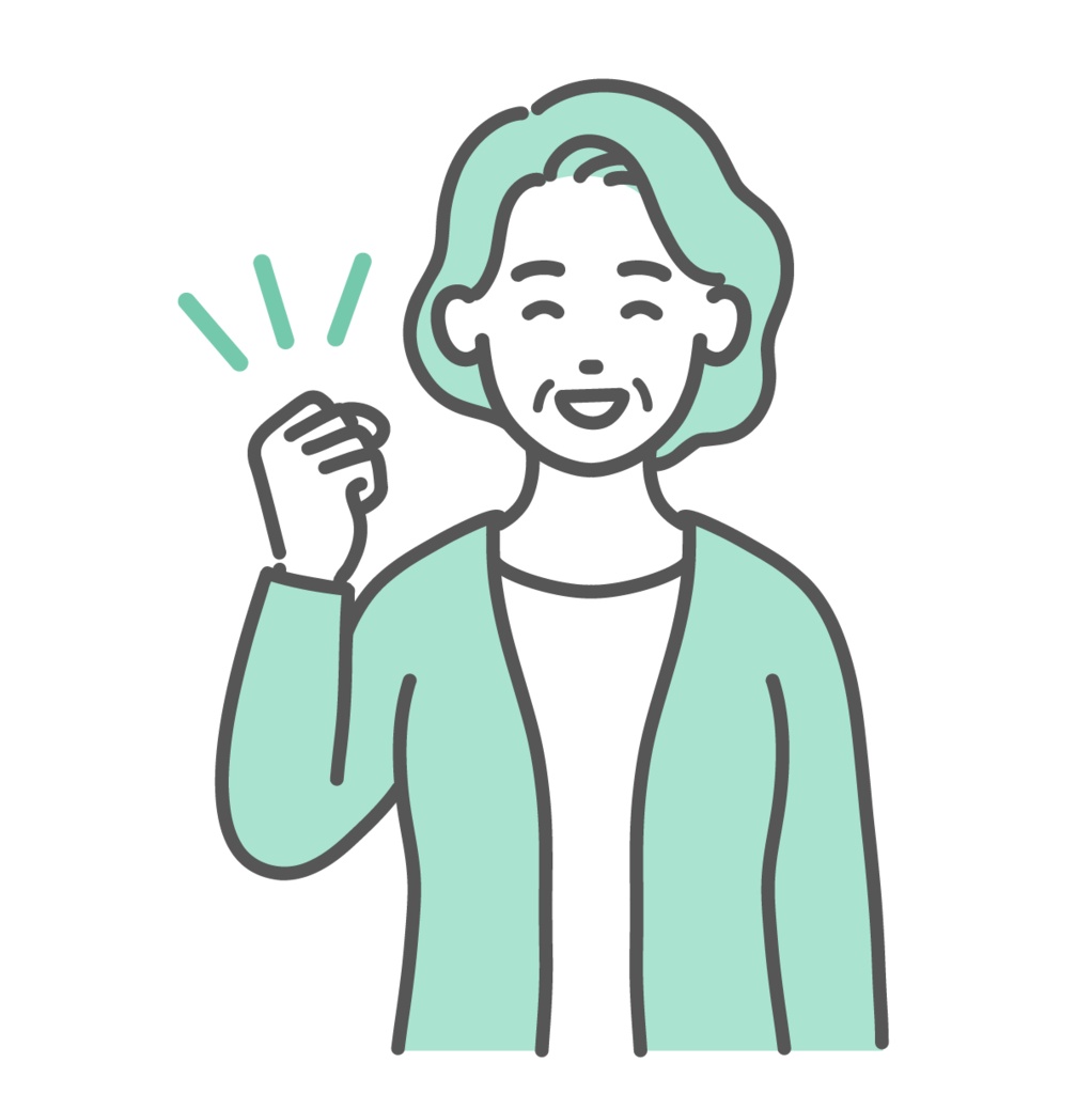 ガッツポーズをする・応援する高齢女性のイラスト（笑顔・上半身）