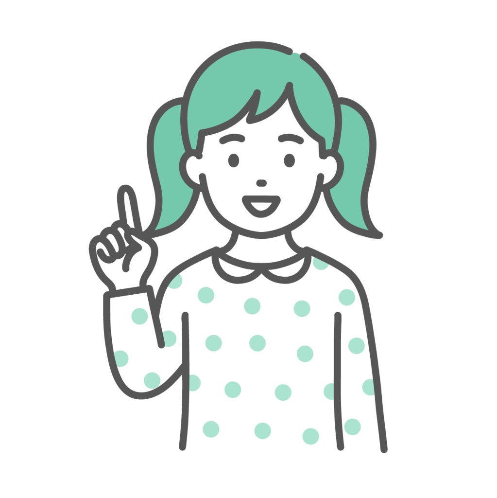 指差し・ポイントを解説する女の子（子ども）のイラスト（ひらめき・上半身）