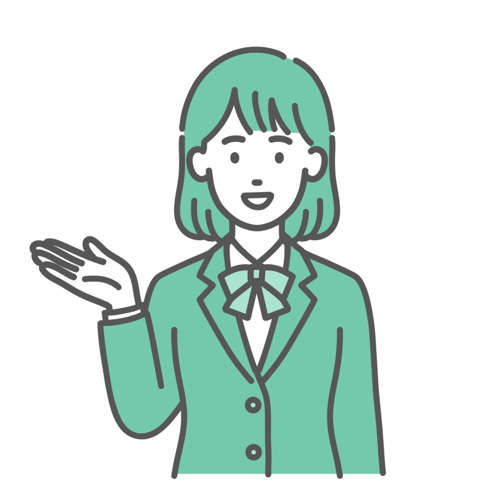 案内・紹介をするティーン女性・女子学生のイラスト（手のひらを上に向ける・制服・上半身）