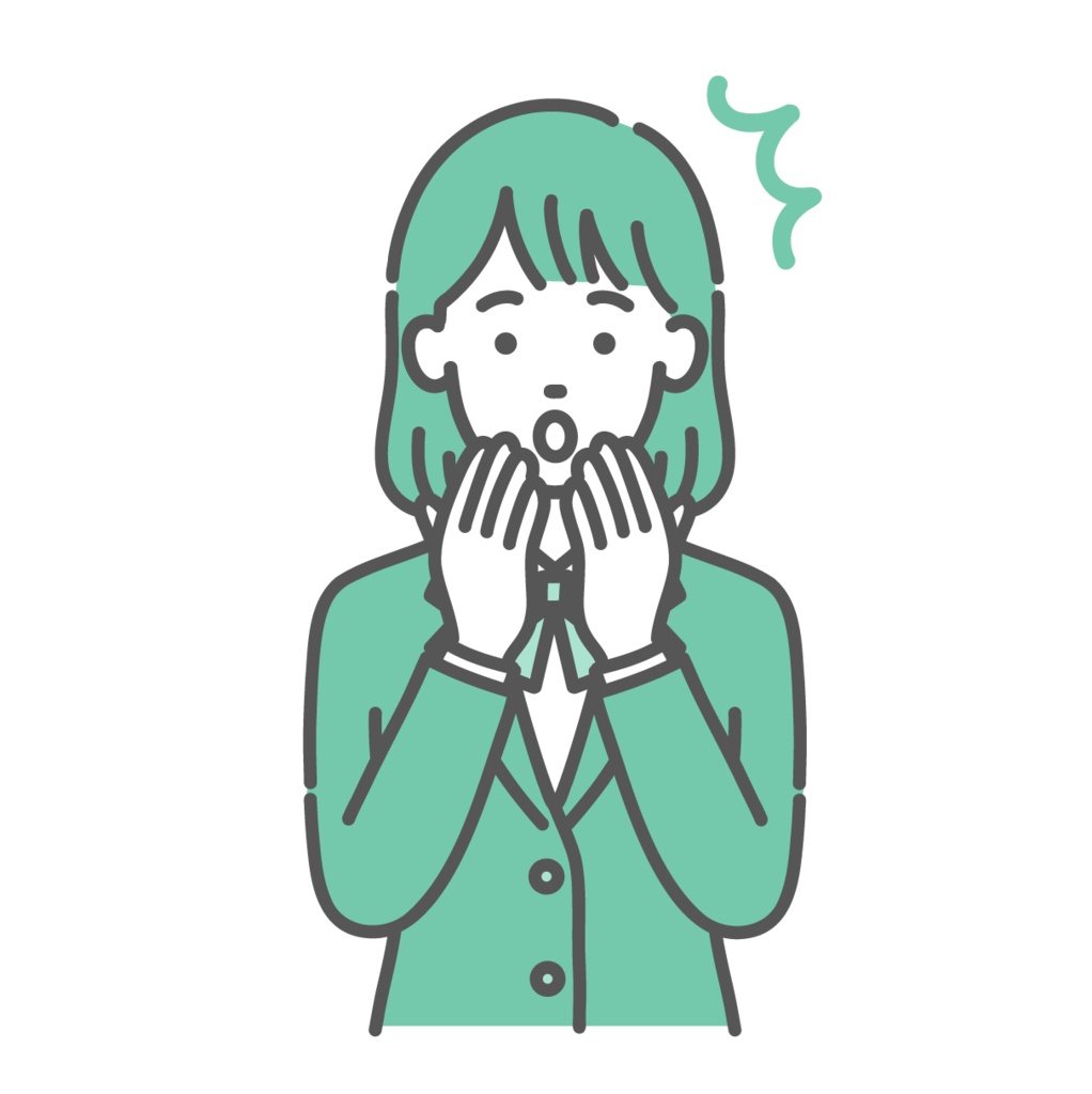 驚く・ショックを受けるティーン女性・女子学生のイラスト（両手を口に当てる・制服・上半身）