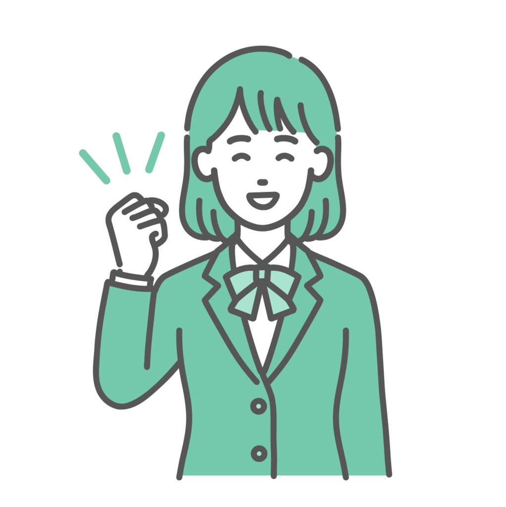 ガッツポーズをする・応援するティーン女性・女子学生のイラスト(笑顔・制服・上半身)