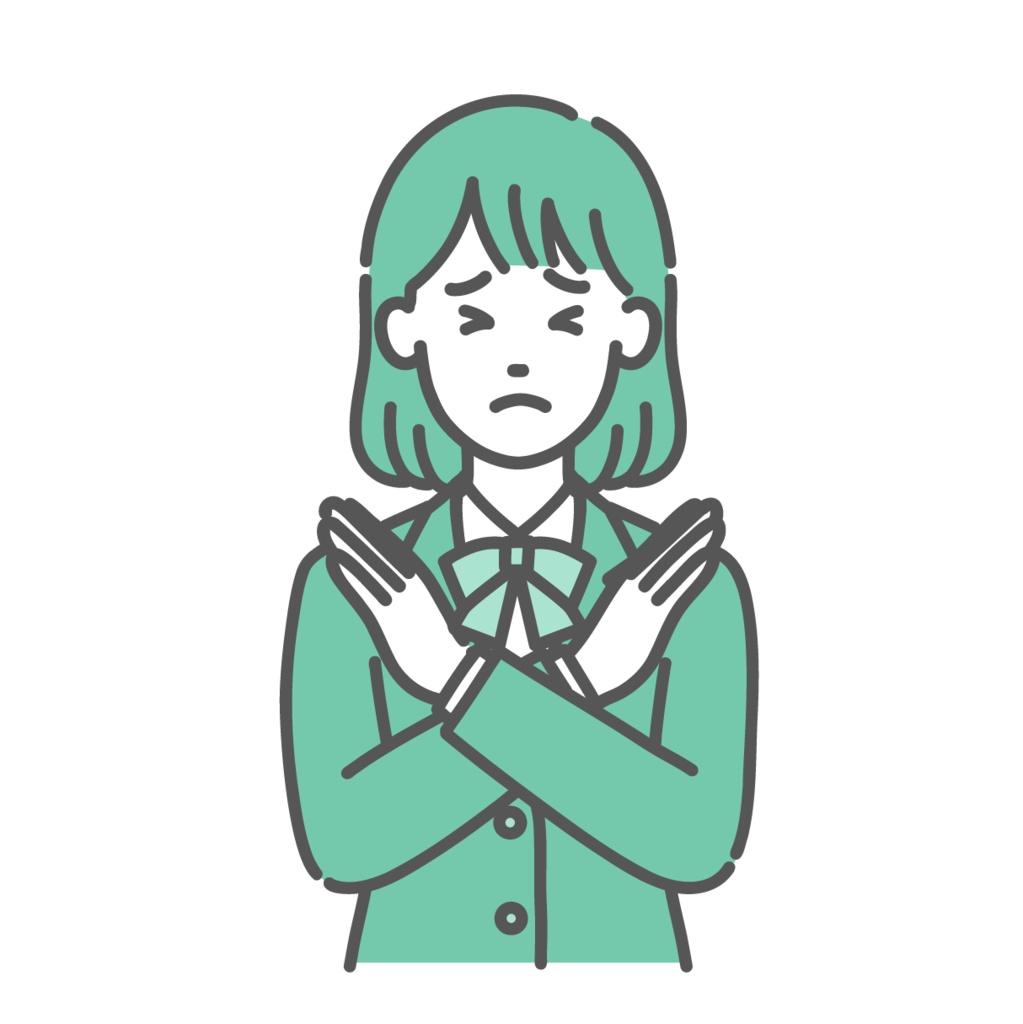 NGサインを出す・拒否するティーン女性・女子学生のイラスト（バツ印・制服・上半身）