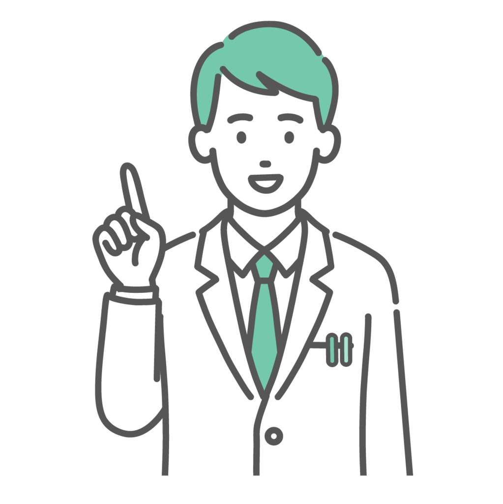 指差し・ポイントを解説する男性医師のイラスト(ひらめき・上半身)