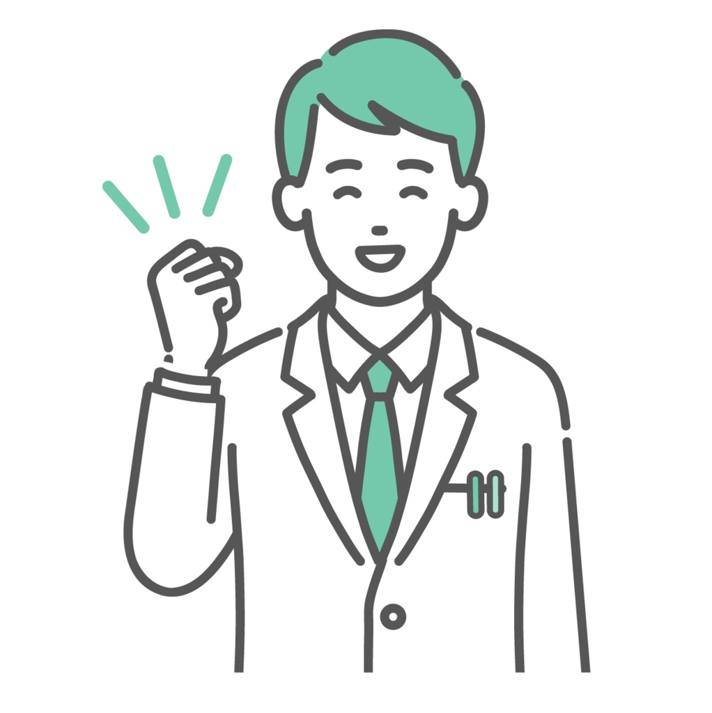 ガッツポーズで応援する男性医師のイラスト（達成・笑顔・上半身）