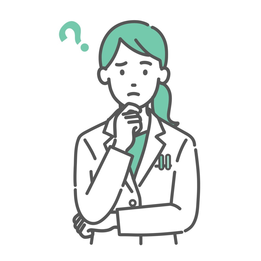 疑問を持つ女性医師・薬剤師のイラスト(困り顔・ハテナマーク)