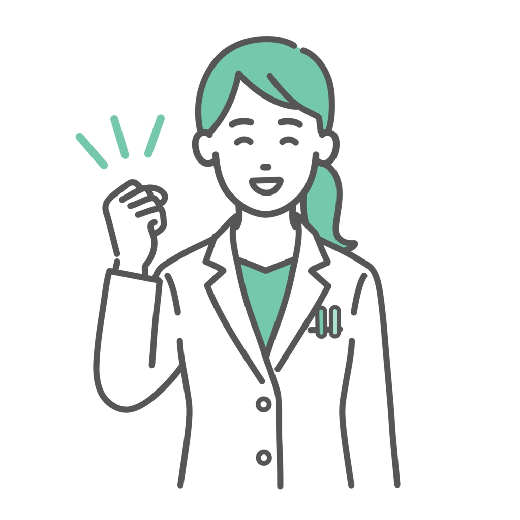ガッツポーズをする女性医師・薬剤師のイラスト(応援・達成)