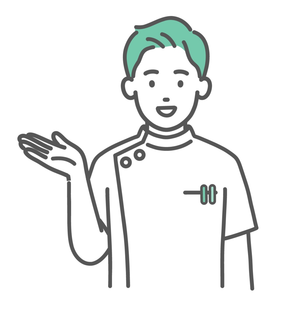 案内・紹介をするケーシー白衣の男性看護師・医療従事者のイラスト(上半身)