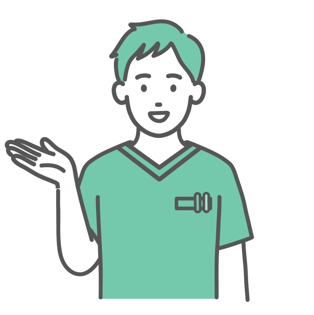 案内・紹介をするスクラブ姿の男性医療従事者のイラスト(上半身)