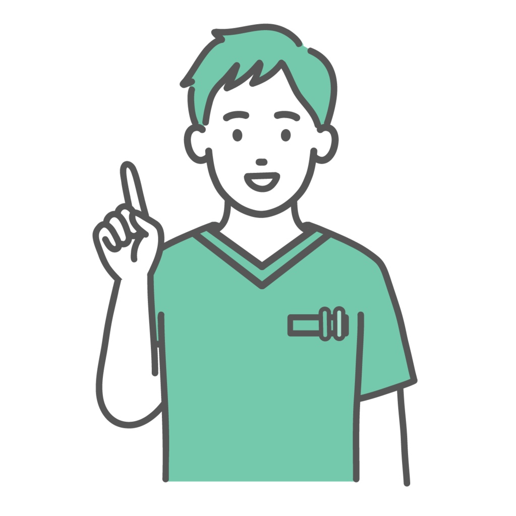 指差し・解説をするスクラブ姿の男性医療従事者のイラスト(上半身)