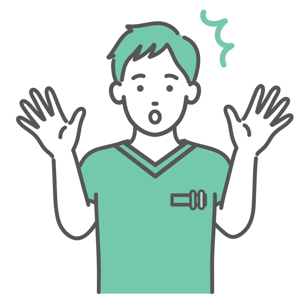 驚く・焦るスクラブ姿の男性医療従事者のイラスト(ショック・上半身)