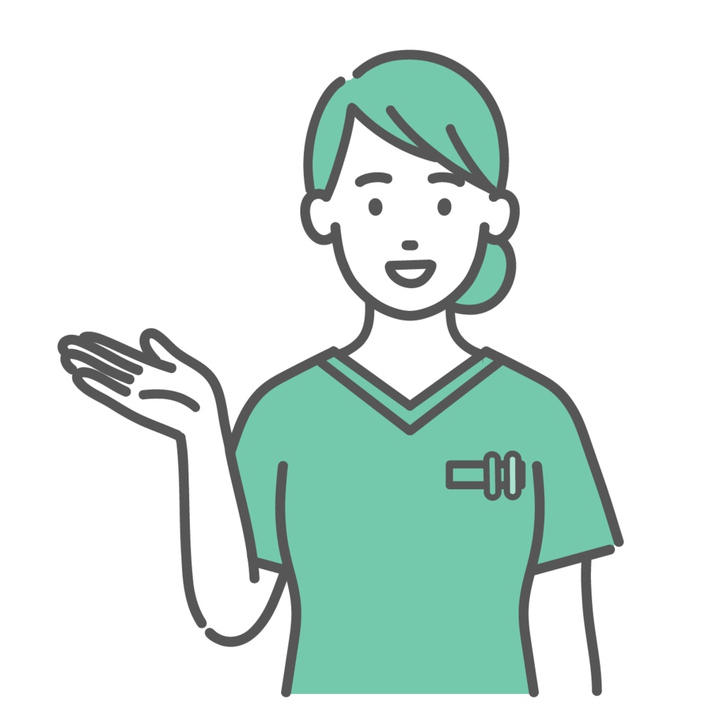 案内・紹介をするスクラブ姿の女性医療従事者のイラスト(上半身)