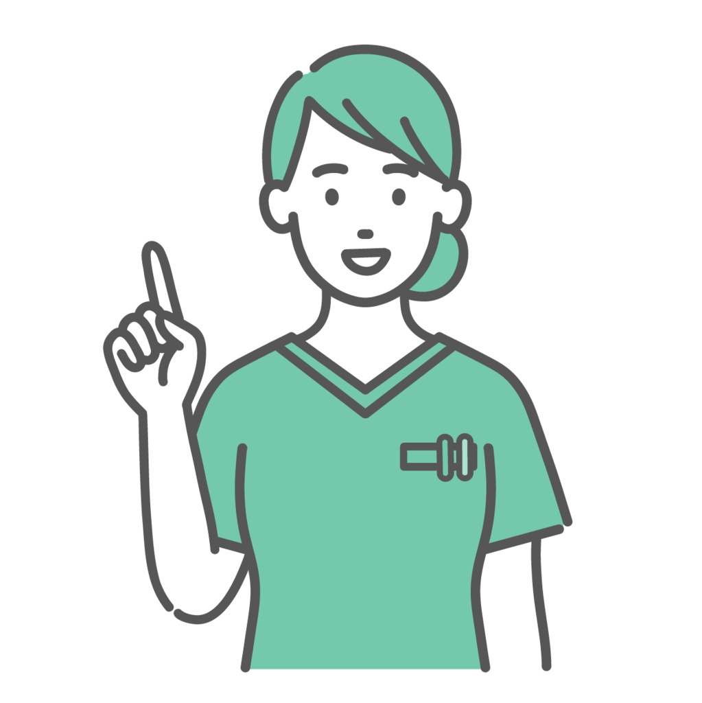 指差し・解説をするスクラブ姿の女性医療従事者のイラスト(上半身)