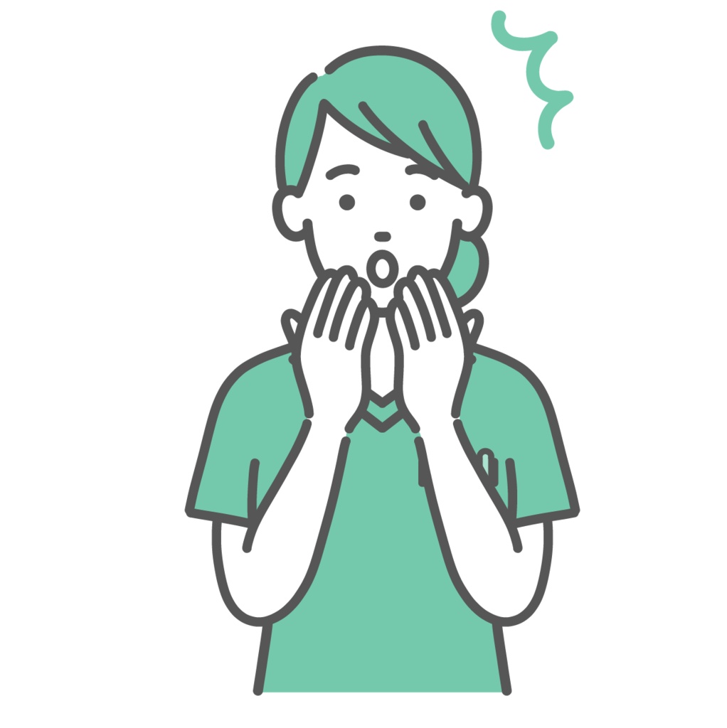 驚く・焦るスクラブ姿の女性医療従事者のイラスト（ショック・上半身）