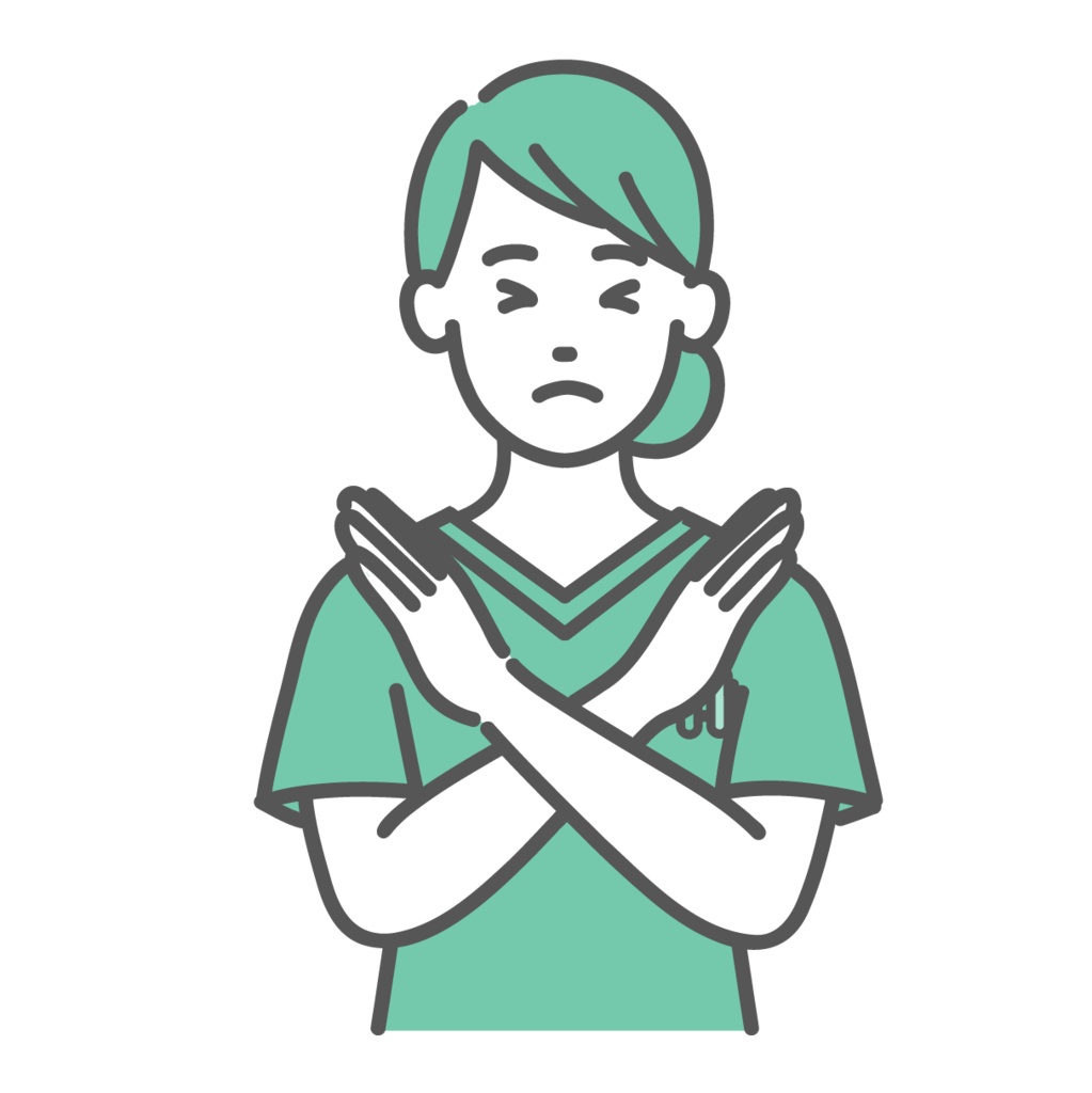 NGサインを出すスクラブ姿の女性医療従事者のイラスト（上半身）