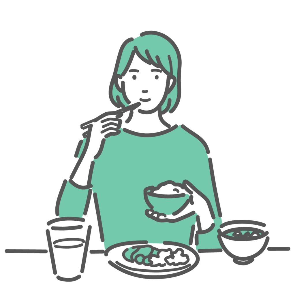 バランスの取れた和食（定食）を食べる女性のイラスト