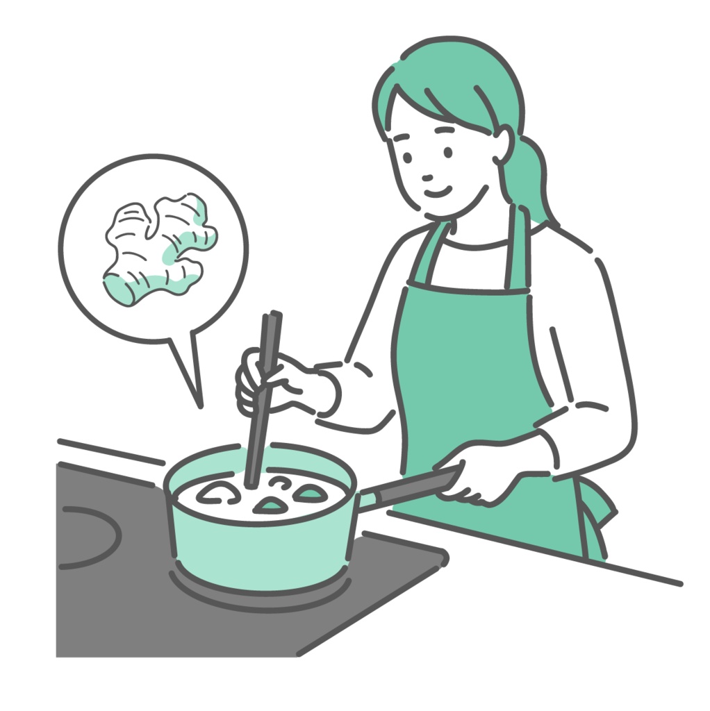 生姜を使った温活料理をする女性のイラスト（冷え性対策・食養生）