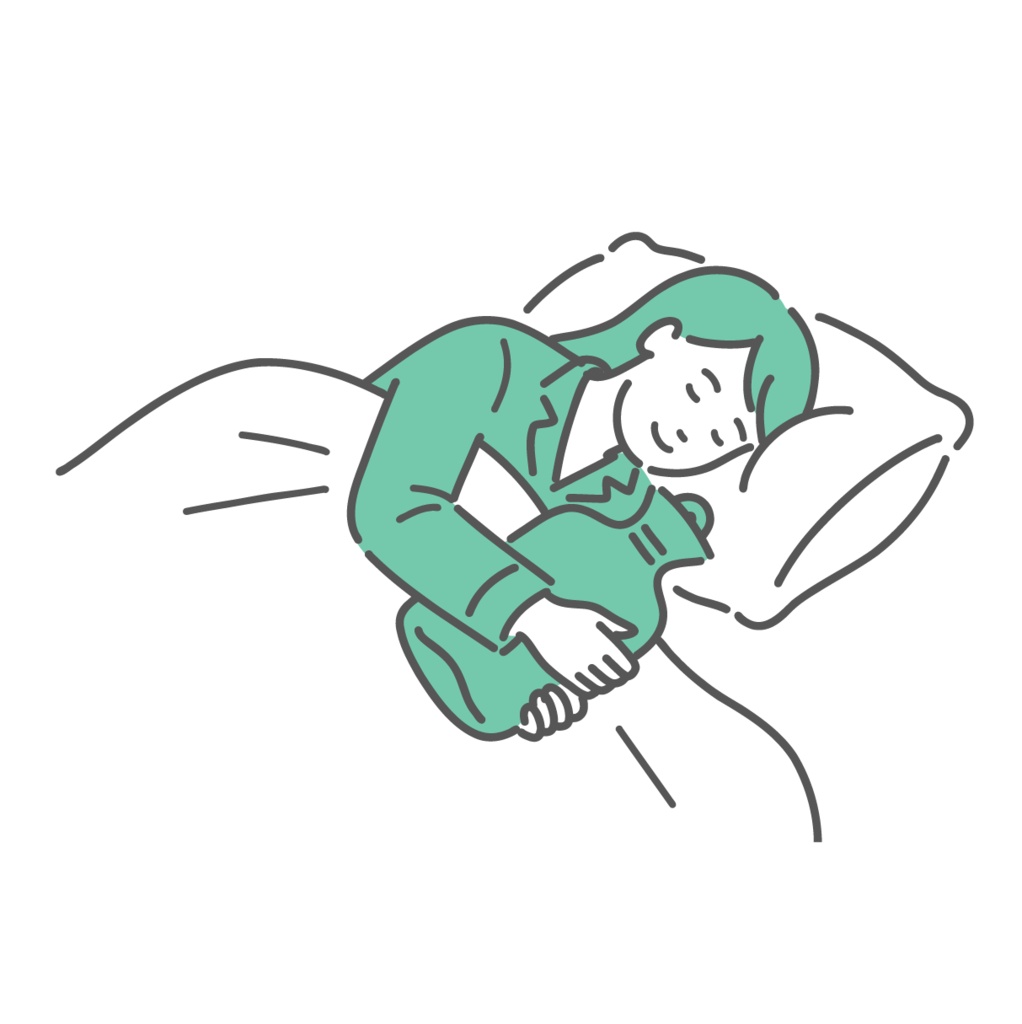 湯たんぽを抱いて寝る女性のイラスト（安眠・温活）