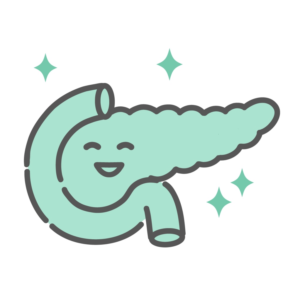 健康で元気な膵臓のキャラクターイラスト（正常・インスリン分泌）