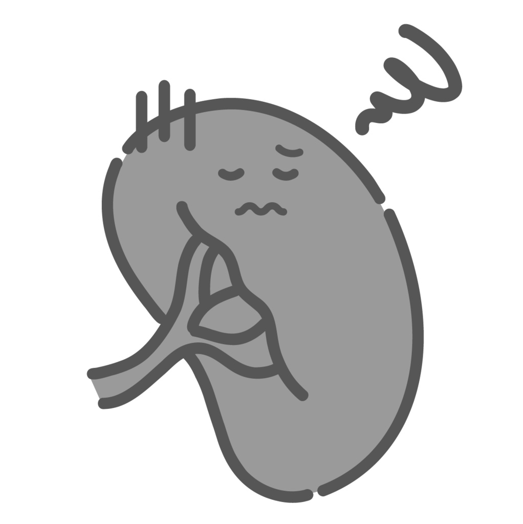 病気や炎症で不調な脾臓のキャラクターイラスト（脾腫・免疫低下）