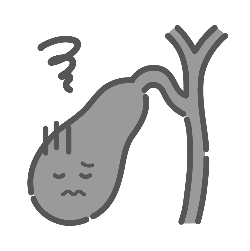胆石や炎症で不調な胆嚢のキャラクターイラスト(胆嚢炎・胆石症)