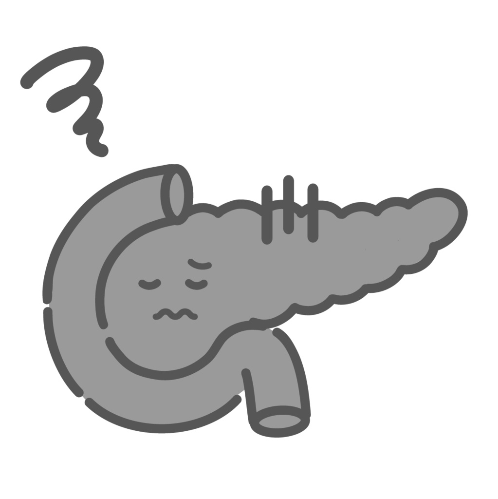 炎症や病気で不調な膵臓のキャラクターイラスト(糖尿病・膵炎)