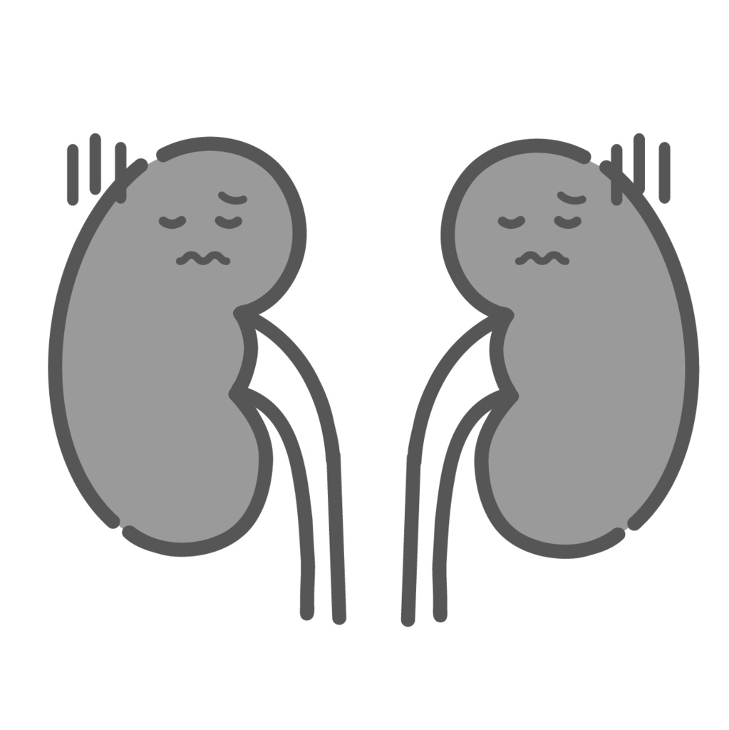 不調で困った様子の腎臓のキャラクターイラスト(病気・腎不全)