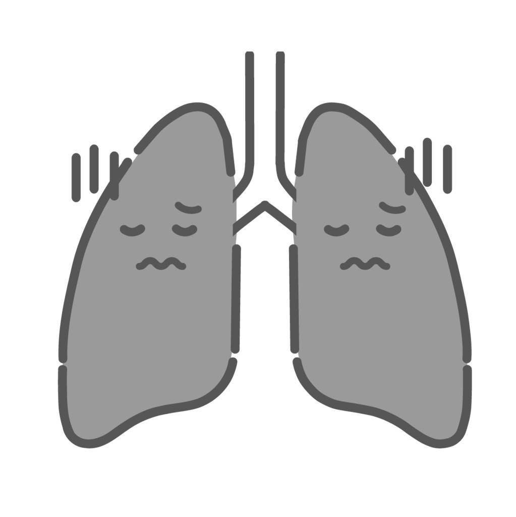 ストレスや病気で不調な肺のキャラクターイラスト（咳・呼吸困難）