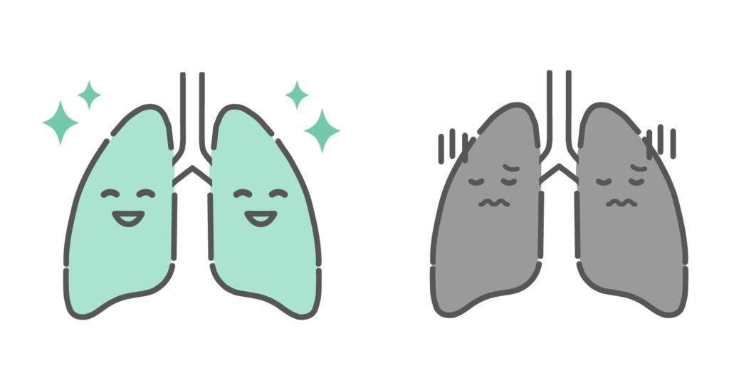 健康な肺と不調な肺の比較イラスト（キャラクター・呼吸器疾患）